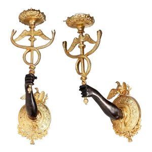 Pair of Late 19th Century Empire Gilt Bronze Ormolu Wall Appliques of Arms Holding Caduceus Staffs, France
