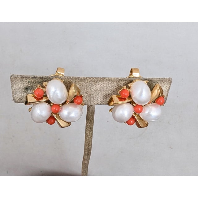 Vintage 1959 Signed Crown Trifari Faux-Pearl & Cabochon Faux-Coral Clip Earrings-2 Pieces For Sale In Philadelphia - Image 6 of 8