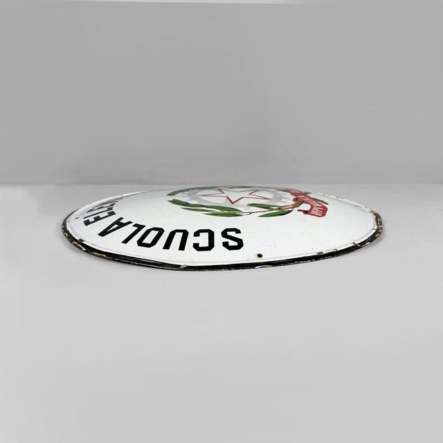 Italian mid century modern enamelled metal primary school sign, 1960s convex oval sign made of enamelled sheet metal with...