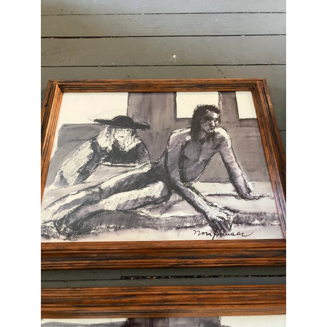 Abstract 1970’s Original Watercolor Paintings/Charcoal Drawings Abstract Nudes Vintage Wood Frames Signed-Set of 3 For Sale - Image 3 of 7