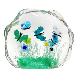 Vintage Murano Flying Butterfly Colorful Wild Flower Garden Scene Italian Art Glass Sculpture Block For Sale