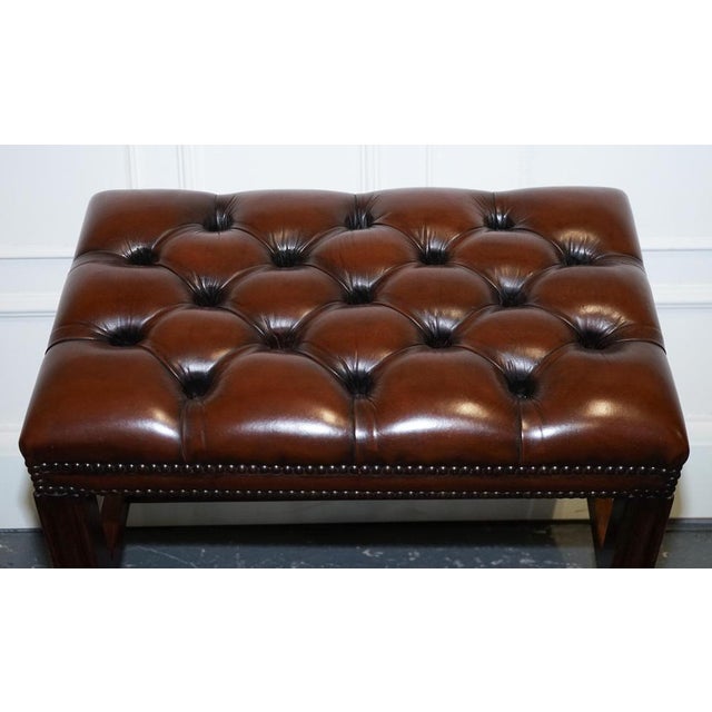 Vintage Chesterfield Hand Dyed Brown Leather Tuffed Footstool For Sale - Image 16 of 18