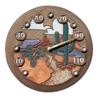 Vintage Southwest Stoneware Desert Cactus Outdoor Thermometer Artist Signed For Sale