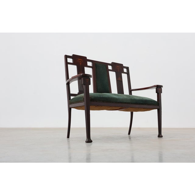 Art Nouveau Walnut Settee with Floral Marquetry, Belgium, 1890s For Sale - Image 9 of 15