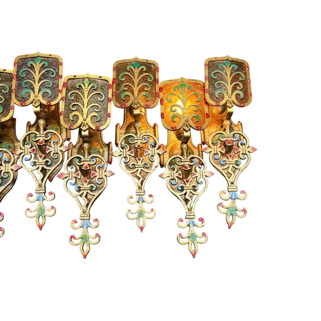 1920s Spanish Revival Wall Sconces With Mica Shields and Original Polychrome Finish - Set of 8 For Sale - Image 4 of 8
