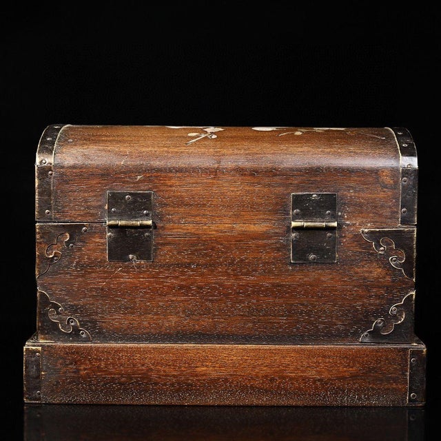 Brown Vintage Huali Wood Jewelry Box With Mother-of-Pearl Bird & Floral Inlay and Brass Hardware For Sale - Image 8 of 9
