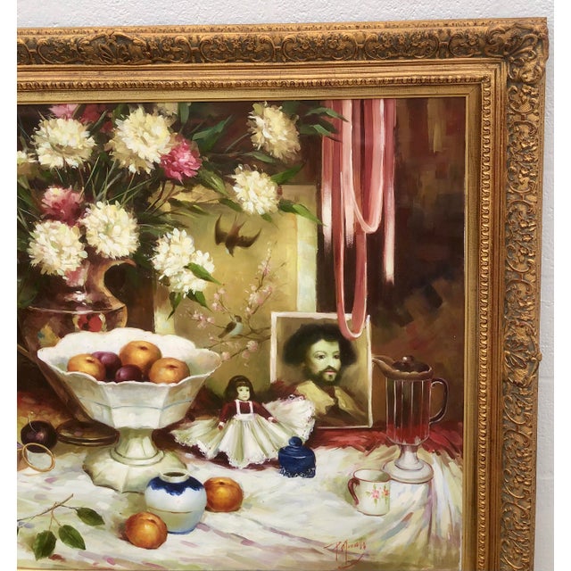 P. Mozah 20th Century Oil Painting, Still Life, Spring Flowers, Ornate Gold Frame For Sale - Image 9 of 15