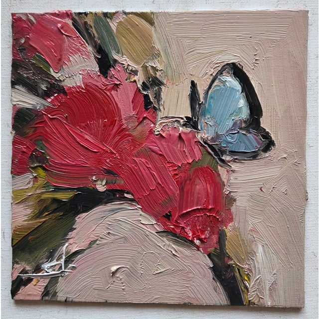 An impressionist oil painting of a butterfly on pink flowers by UK based artist Vivek Mandalia. Frame and hang in your...