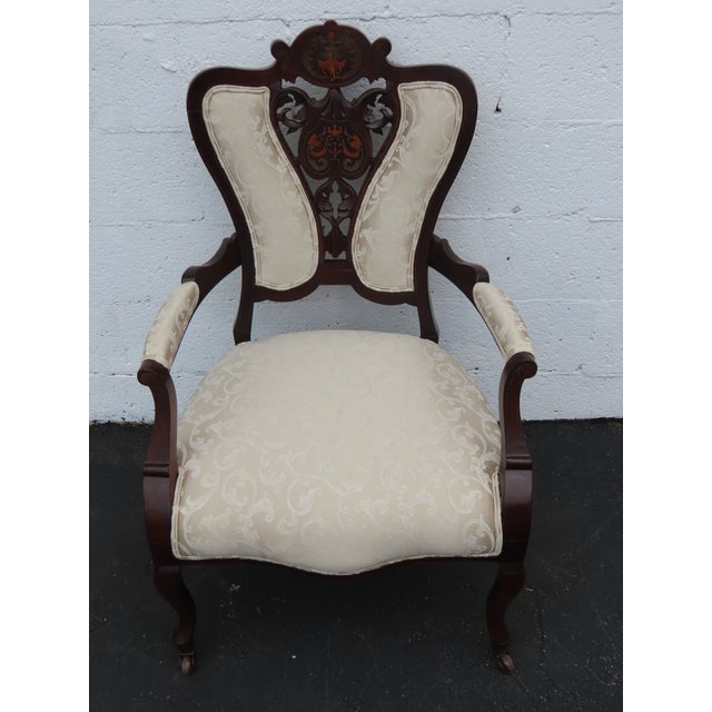 Victorian Late 1880s Carved Inlay Side Chairs a Pair 6643 For Sale - Image 11 of 17