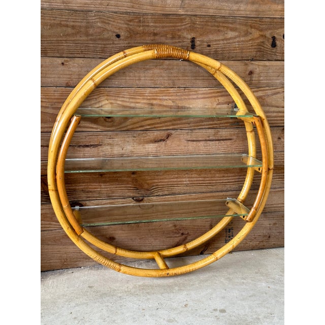 Vintage Coastal Round Bent Rattan Wall Shelf With Three Glass Shelves For Sale - Image 12 of 12
