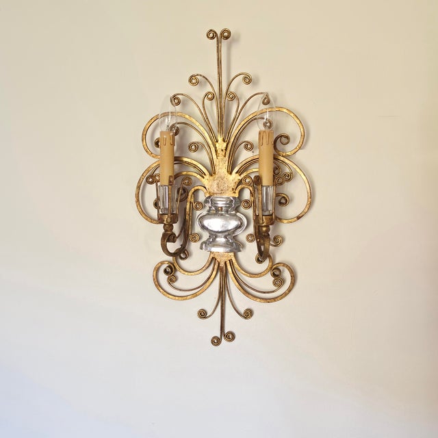 Two-Armed Wall Lamp in Iron and Crystal Glass in the style of Maison Baguès, France, 1950s For Sale - Image 9 of 15