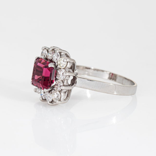 Pink Tourmaline Diamond Ring Platinum Sz 6 Emerald Cut Square Cocktail Jewelry For Sale - Image 4 of 6