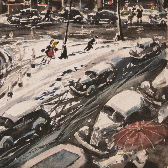 'Winter in the City' by James Carlin, Mid-Century Urban Landscape Featuring 1930s Scaffold Sky Sign, American Modern Realism For Sale - Image 4 of 9