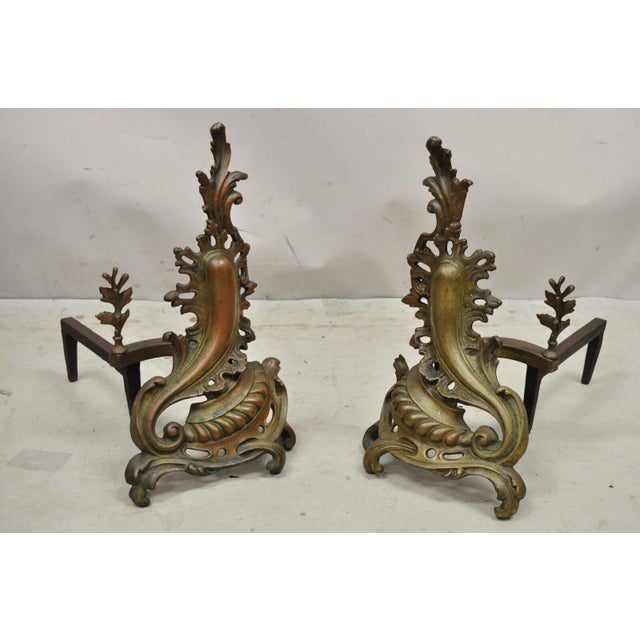 Antique French Rococo Baroque Style Brass Leafy Acanthus Andirons - a Pair. Circa Early 20th Century. Measurements: 17" H...
