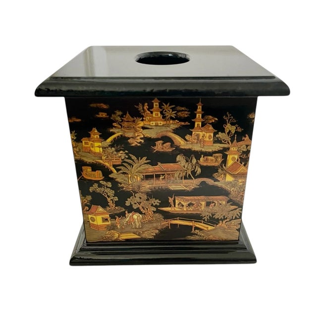 The Chinese Black Lacquered Wood Tissue Box Cover with Landscape Scenes is a charming and unique accessory for any...