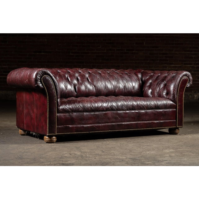 English Mid 20th Century Deep Oxblood Leather Chesterfield Sofa With Nailhead Trim For Sale - Image 3 of 12