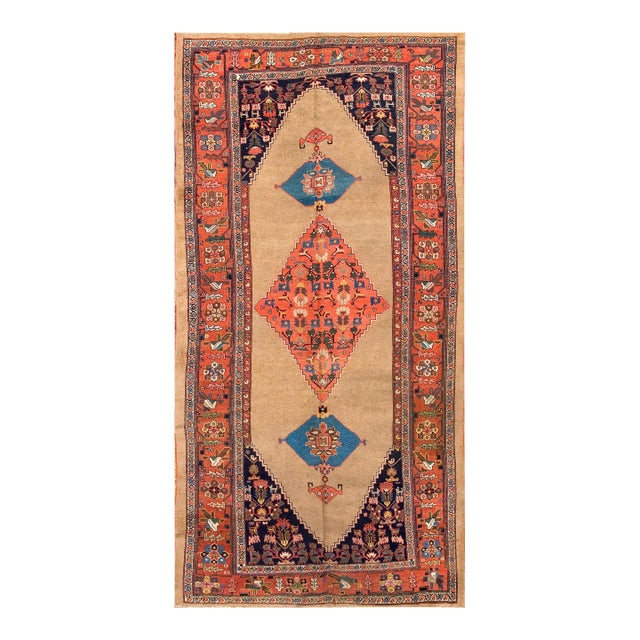 Warm Camel Background Rustic Tribal Anchor Medallion Antique Persian Bidjar Rug For Sale