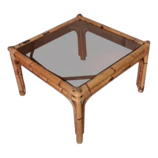 Vintage Coffee Table in Rattan, Bamboo and Smoked Glass in the style of Vivai del Sud For Sale
