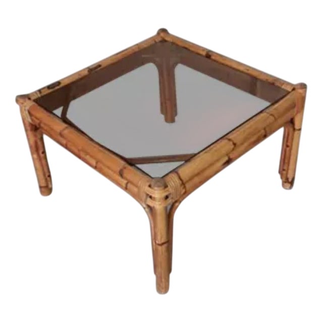 Vintage Coffee Table in Rattan, Bamboo and Smoked Glass in the style of Vivai del Sud For Sale