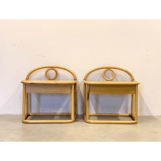 Pair of 80s bedside tables Gervasoni production, bamboo structure and leather bindings, top and ash -length top, height on...