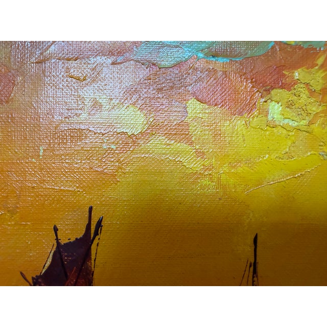 Vintage Chinese Junk Boats Sunset Oil Painting Signed Young Asian Seascape Frame For Sale - Image 4 of 11