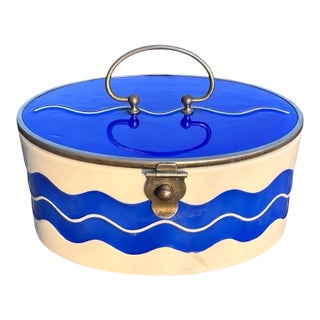 Vintage Blue and White Porcelain and Enamel Biscuit Barrel For Sale