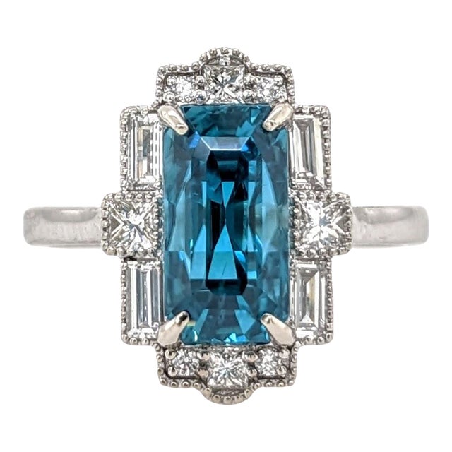 4.7ct Blue Zircon Ring with Earth Mined Diamonds in Solid 14k White Gold Emerald Cut Size 6.75 For Sale
