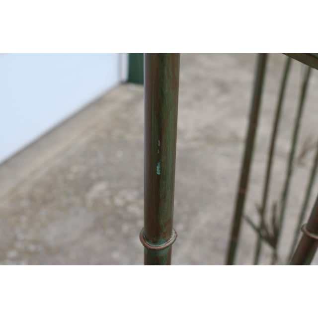 Green Vintage Three Panel Green and Copper Hand Painted Metal Faux Bamboo Screen Room Divider For Sale - Image 8 of 9