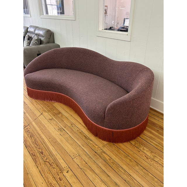 Mid-Century Modern Crescent Mid Century Style Sofa With Fringed Hem. Newly Reupholstered in Maharam Fabric. For Sale - Image 3 of 8