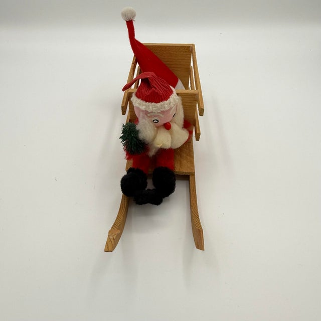 Mid 20th Century Vintage 1950s German Santa in Wooden Sled – Paper-Mâché Head & Bottle Brush Tree, Erzgebirge Style For Sale - Image 5 of 7