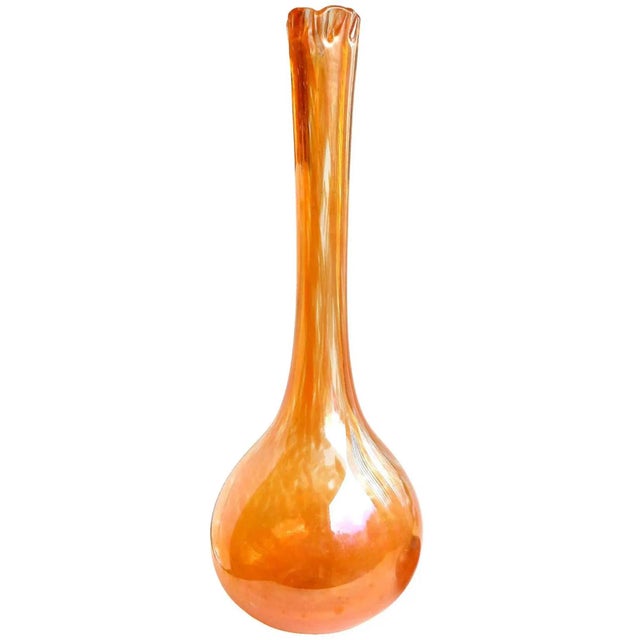 Glass Murano Dino Martens Vintage Very Tall Orange Iridescent Italian Art Glass Midcentury Flower Vase For Sale - Image 7 of 7