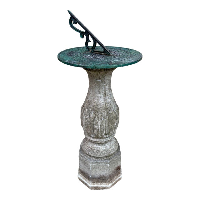 Vintage English Country Classical Verdigris Iron Garden Sundial on Pedestal For Sale