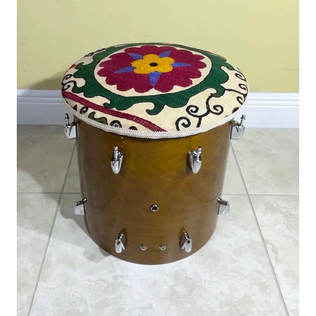 Vintage Suzani Upholstered Drum Wood Stool For Sale In Miami - Image 6 of 13