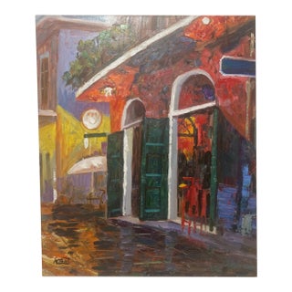 Vintage Mid-Century Signed Expressionist Architectural Courtyard Oil Painting – Heavy Impasto Large Street Scene For Sale