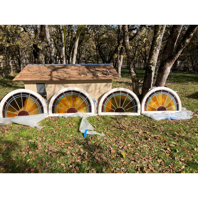 Gemstone Set of 4 Antique Leaded Stained Glass Fanlight Windows – Amber & Aqua – Circa 1900 Architectural Salvage For Sale - Image 7 of 7