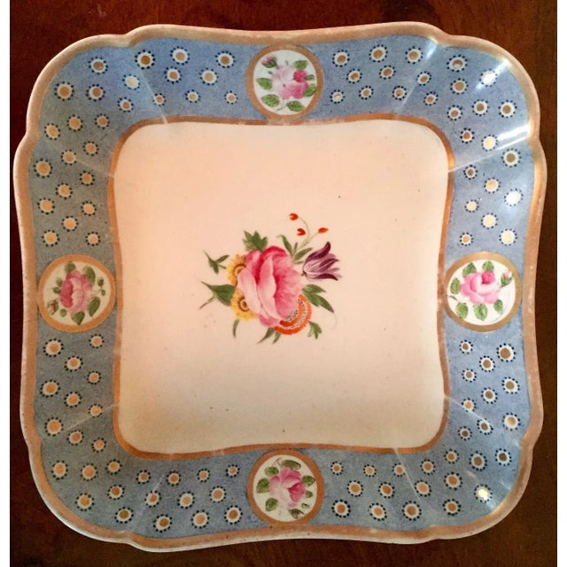 Early 19th Century Early 19th Century English Coalport Porcelain Square Dessert Dish Plates Baby Blue with Pink Roses 1810 - A Pair For Sale - Image 5 of 11