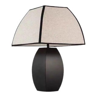 Black-Trimmed Linen & Iron Lamp For Sale