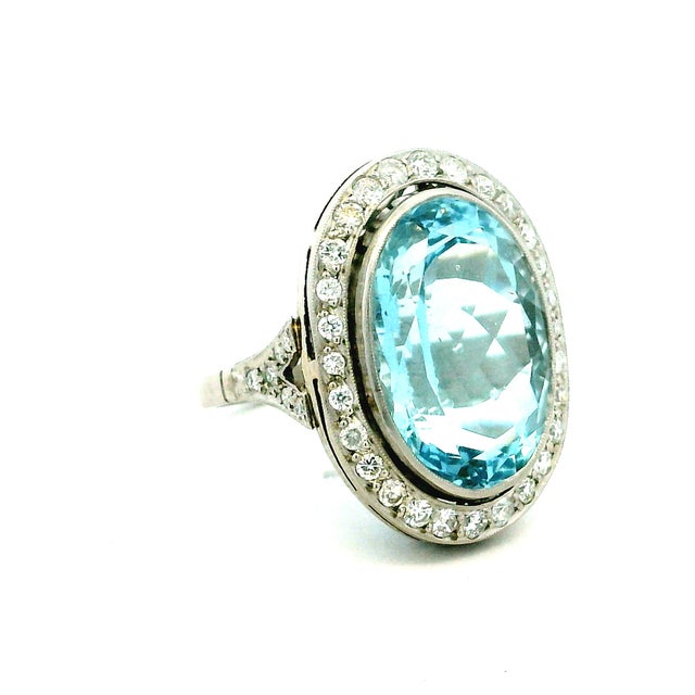1920s Art Deco Platinum Aquamarine & Diamond Cocktail Ring, Size 6.25 For Sale - Image 12 of 13