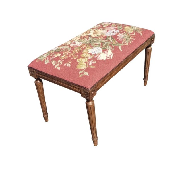 Wood Louis XVI Style Walnut and Needlepoint Upholstered Tabouret Bench For Sale - Image 7 of 10