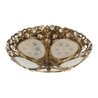 1970s Spanish Neo-Baroque Gilt Cast Brass and Crystal Flush Mount Ceiling Light For Sale