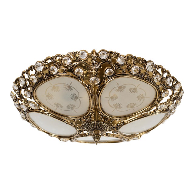 1970s Spanish Neo-Baroque Gilt Cast Brass and Crystal Flush Mount Ceiling Light For Sale