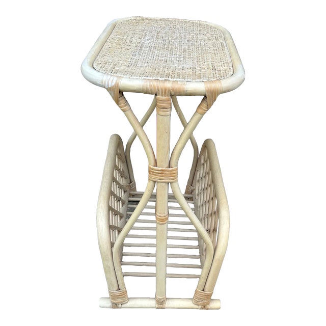 1980s Vintage Rattan Magazine Holder Table For Sale