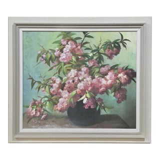 Antique Hand-Painted Still Life Oil on Canvas, Cherry Blossoms by E. Devos in Original Frame For Sale