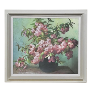 Antique Hand-Painted Still Life Oil on Canvas, Cherry Blossoms by E. Devos in Original Frame