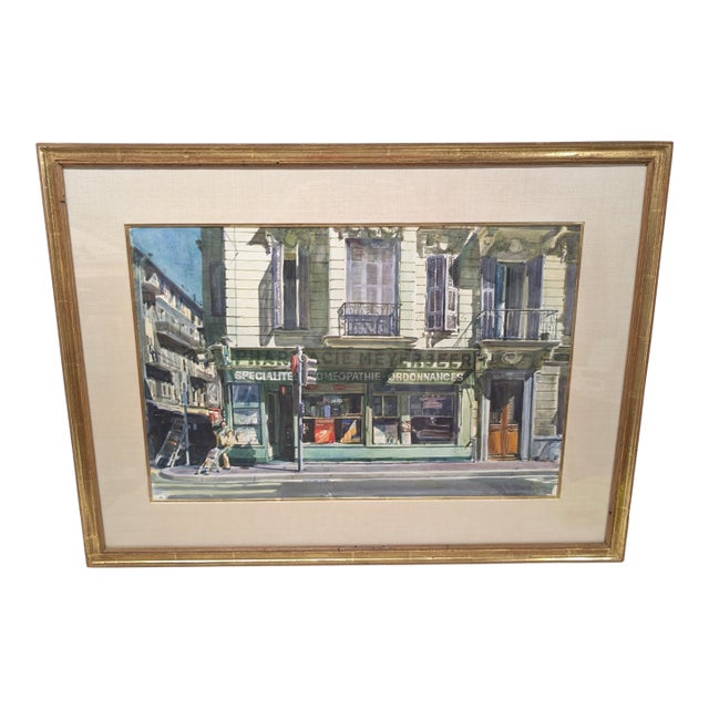 Shirl Herbert Goedike -Facades of Nice, the Pharmacy 1977 -Original Watercolor Painting For Sale