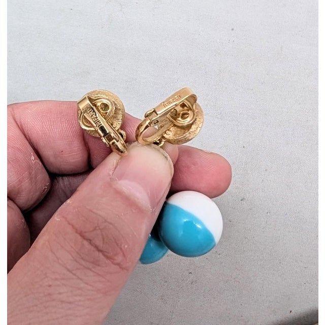 White Vintage 1950s Signed Crown Trifari White & Turquoise Checked Drop Clip Earrings-2 Pieces For Sale - Image 8 of 10