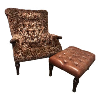 Leopold Wingback Upholstered Chair With Leather Ottoman For Sale