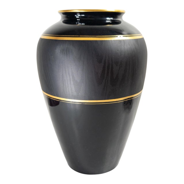 Early 20th Century Bohemian Czech Art Glass Vase With Gilt Bands and Acid Etched Wood Grain For Sale