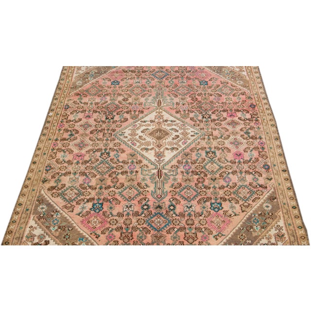 Persian 1960s Vintage Persian Distressed Handmade Medallion Peach Wool Rug For Sale - Image 3 of 7