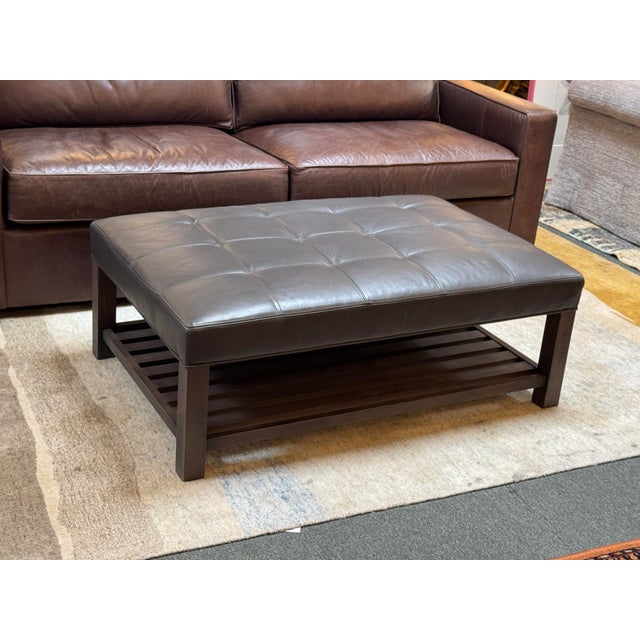 Transitional Arhaus Kent Leather Ottoman With Lower Trays For Sale - Image 3 of 14